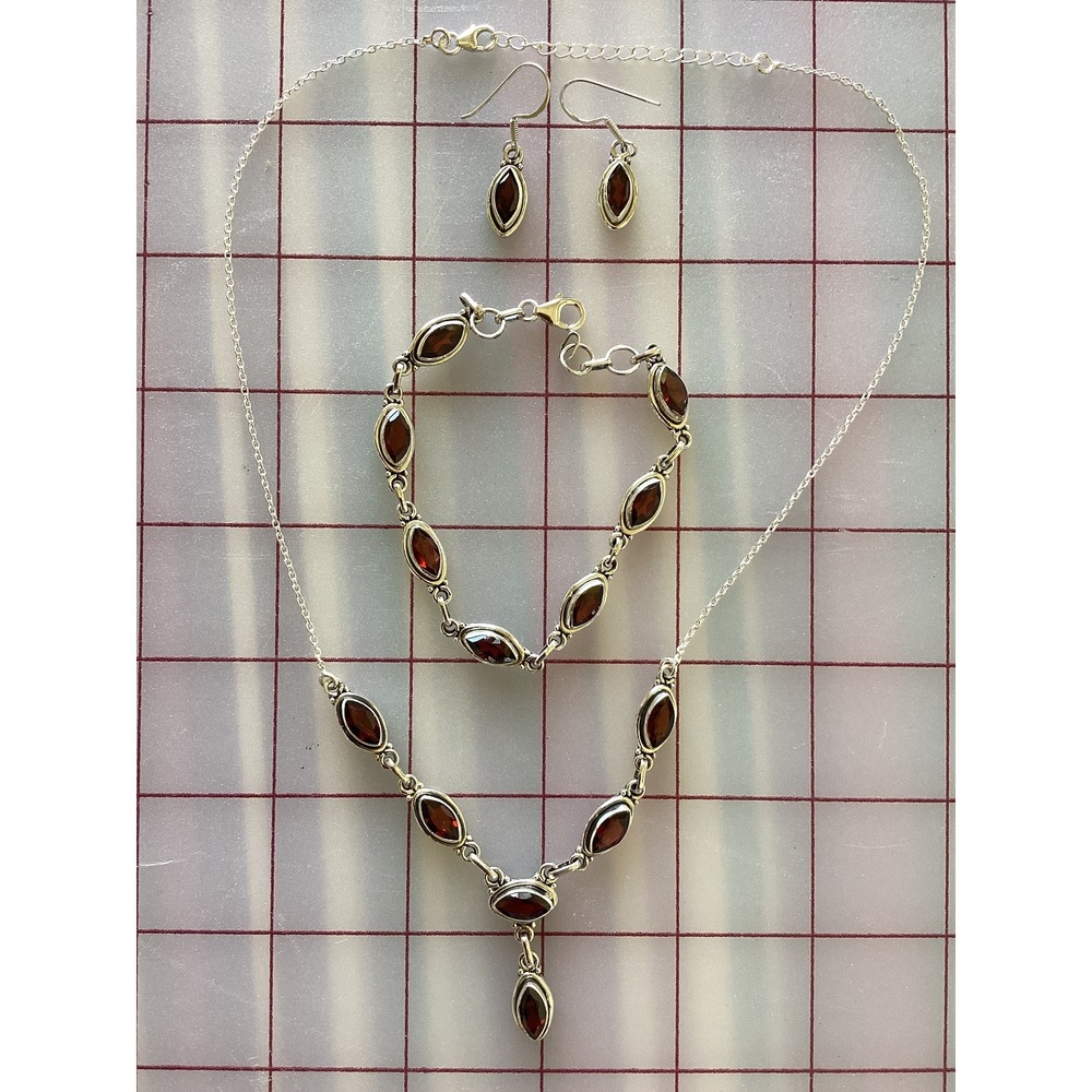 Sterling Silver Garnet Jewelry‎ Set Necklace Bracelet Earrings Dangle